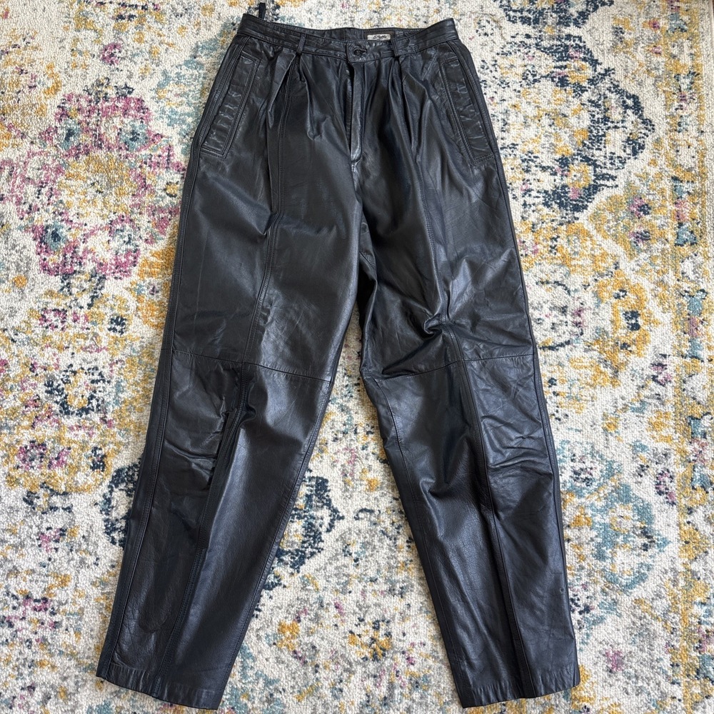 TOFFS Genuine Leather Pants 12M 30" High Waist Pleated‎ Tapered 80s 90s Black